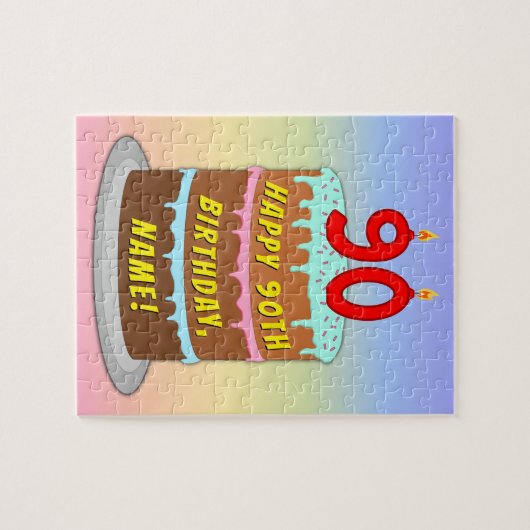 90誕生日:おもしろいケーキとキャンドル+名前をカスタムする ジグソーパズル (横)