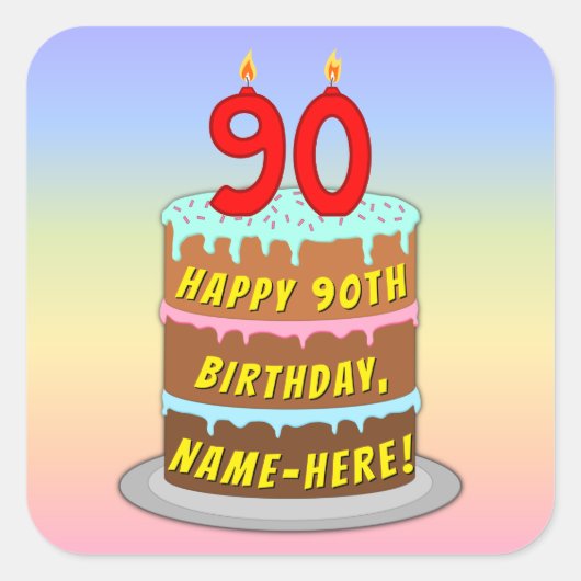 90誕生日:おもしろいケーキとキャンドル+名前をカスタムする スクエアシール (正面)