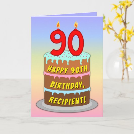 90誕生日—おもしろいケーキ&ろうそく、名前をカスタムする付き カード (黄色い花)