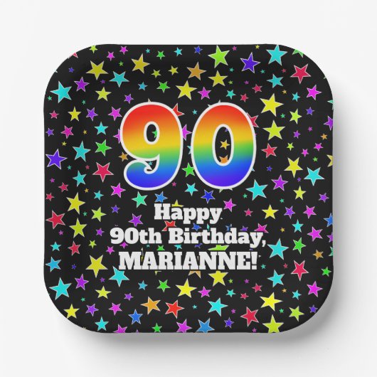 90誕生日:おもしろいスター柄と虹「90」 ペーパープレート (正面)