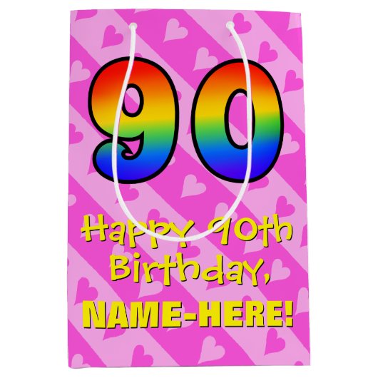 90誕生日:おもしろいピンクのハートストライプ; Rainbow 90 ミディアムペーパーバッグ (正面)