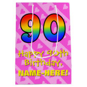 90誕生日:おもしろいピンクのハートストライプ; Rainbow 90 ミディアムペーパーバッグ (裏面)