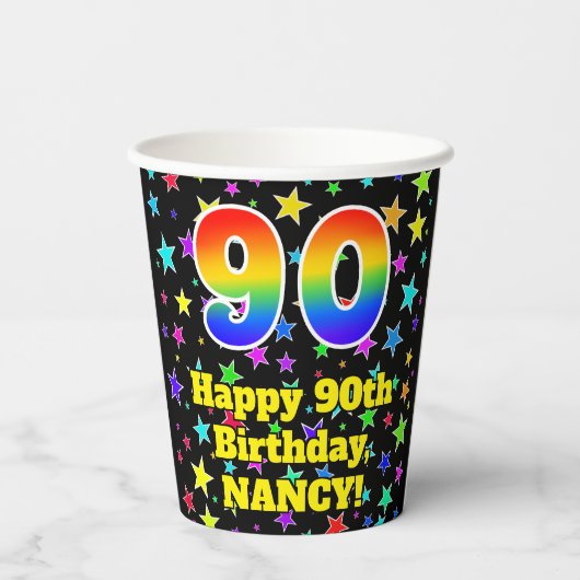 90誕生日:おもしろい星模様と虹90 紙コップ (裏面)