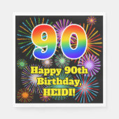 90誕生日:おもしろい花火パターン+虹90 スタンダードランチョンナプキン (正面)