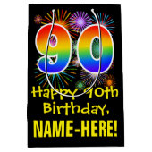 90誕生日:おもしろい花火パターン+虹90 ミディアムペーパーバッグ (正面)