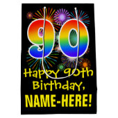 90誕生日:おもしろい花火パターン+虹90 ミディアムペーパーバッグ (裏面)