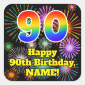 90誕生日:おもしろい花火ルック、虹# 90 スクエアシール (正面)