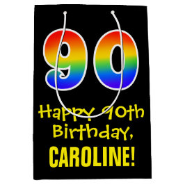 90誕生日:おもしろい、はっきりした、カラフルレインボー「90」 ミディアムペーパーバッグ