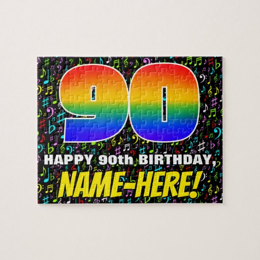 90誕生日:おもしろい、カラフル音楽シンボル、「90」 ジグソーパズル (横)