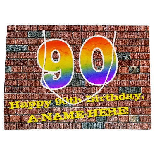 90誕生日:おもしろい、グラフィインスパイアティ・レインボー# 90 ラージペーパーバッグ (正面)