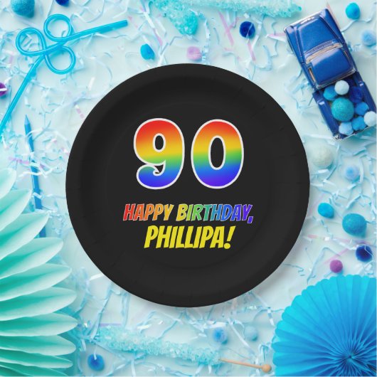 90誕生日:はっきりした,おもしろい,シンプル虹, 90 ペーパープレート (パーティー)