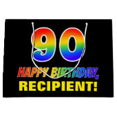 90誕生日:はっきりした,おもしろい,シンプル虹, 90 ラージペーパーバッグ (正面)