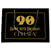 90誕生日— アールデコ刺激を受けたルク「90」と名前 ラージペーパーバッグ (正面)