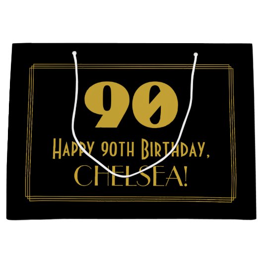 90誕生日— アールデコ刺激を受けたルク「90」と名前 ラージペーパーバッグ (正面)