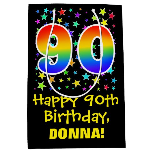 90誕生日:カラフルスターズパターン&レインボー90 ミディアムペーパーバッグ (正面)