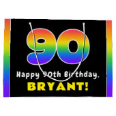 90誕生日:カラフルレインボー# 90、名前をカスタムする ラージペーパーバッグ (裏面)