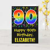 90誕生日:カラフル音楽シンボル+ Rainbow 90 カード (黄色い花)