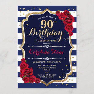 90誕生日 – ネイビーストライプホワイトとレッドローズ 招待状