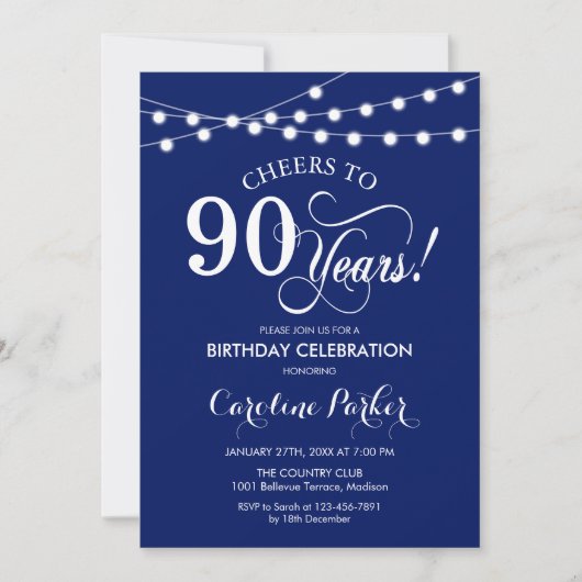 90誕生日 – ネイビーブルーホワイト 招待状 (正面)