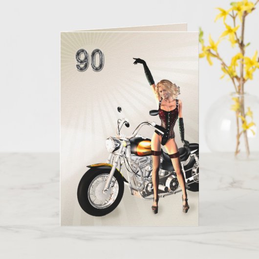 90誕生日、バイクと女の子 カード (黄色い花)