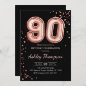 90誕生日-バラ金ゴールドバルーン黒 招待状 (正面/裏面)