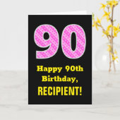 90誕生日：ピンクストライプ色のハートと"90" +名前 カード (黄色い花)