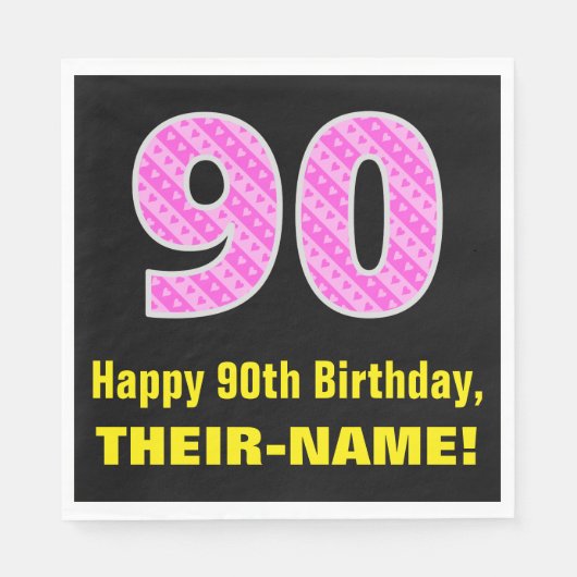 90誕生日:ピンクストライプ色のハートと"90" +名前 スタンダードランチョンナプキン (正面)