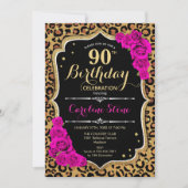 90誕生日 – ピンクローゼズヒョウ印刷 招待状 (正面)