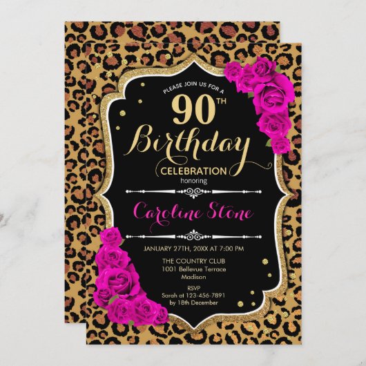 90誕生日 – ピンクローゼズヒョウ印刷 招待状 (正面/裏面)