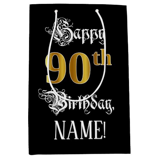 90誕生日～ファンシースクリプト；フェイク金ゴールド検索；名前 ミディアムペーパーバッグ (正面)