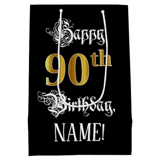 90誕生日～ファンシースクリプト；フェイク金ゴールド検索；名前 ミディアムペーパーバッグ (裏面)