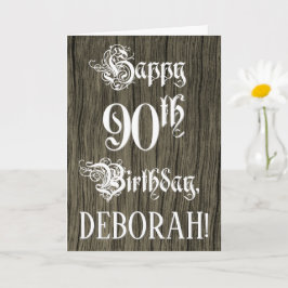 90誕生日:、ファンシー文字エレガント、フェイクWood Look カード