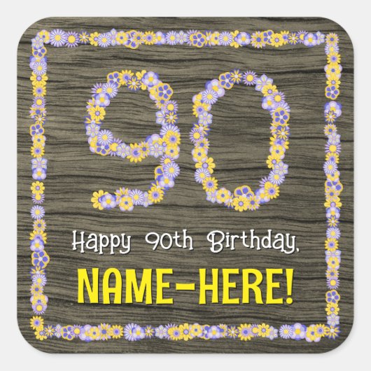 90誕生日:フローラ番号フェイク、木目、名前 スクエアシール (正面)
