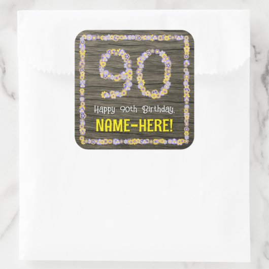 90誕生日:フローラ番号フェイク、木目、名前 スクエアシール (バッグ)