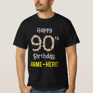 90誕生日:フローラ花数"90" +名前 Tシャツ