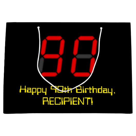 90誕生日：レッドデジタルクロックスタイル"90" +名前 ラージペーパーバッグ (正面)