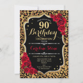 90誕生日 – レッドローゼズヒョウ印刷 招待状 (正面)