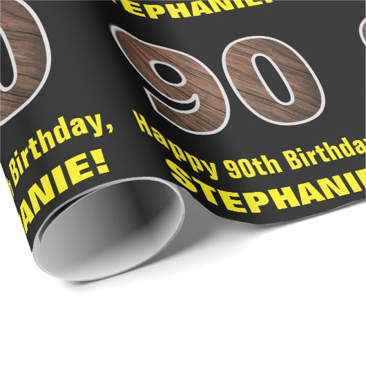 90誕生日:名前フェイク&木目パターン「90」 ラッピングペーパー (ロールコーナー)