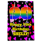 90誕生日:愛するハートパターン、虹# 90 ミディアムペーパーバッグ (正面)