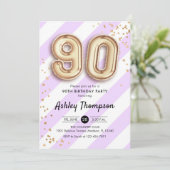 90誕生日 – 紫の金ゴールドストライプバルーン 招待状 (スタンド正面)