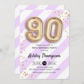 90誕生日 – 紫の金ゴールドストライプバルーン 招待状 (正面/裏面)