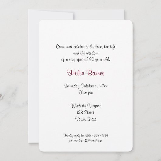 90誕生日、美ビクトリアン女、カスタム 招待状 (裏面)