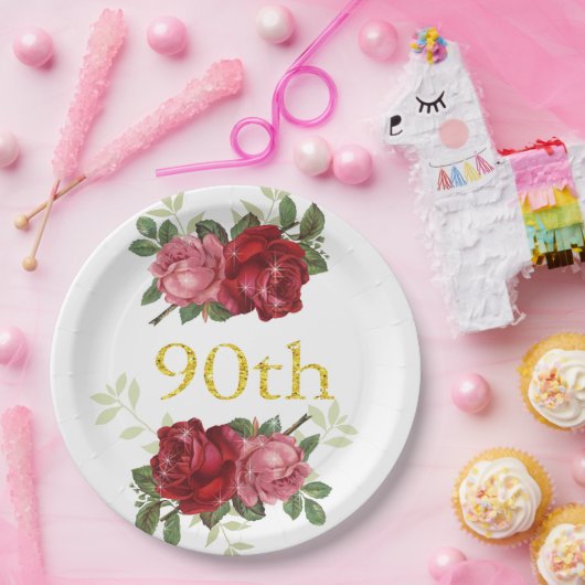 90誕生日，赤エレガントヴィンテージバラ,カスタム ペーパープレート (パーティー)