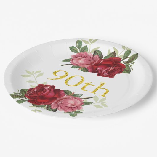 90誕生日，赤エレガントヴィンテージバラ,カスタム ペーパープレート (アングル)