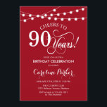 90誕生日 – 赤白 招待状<br><div class="desc">90番目の誕生日招待状。フェアリーシンプルスの文字列ライトとスクリプトのフォントを持つ赤い白のデザイン。応援90年。どんなパーソナライズされた時代にも入る！メッセージもしの詳細なカスタマイズが必要。</div>