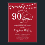 90誕生日 – 赤白 招待状<br><div class="desc">90番目の誕生日招待状。フェアリーシンプルスの文字列ライトとスクリプトのフォントを持つ赤い白のデザイン。応援90年。どんなパーソナライズされた時代にも入る！メッセージもしの詳細なカスタマイズが必要。</div>