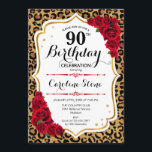 90誕生日 – 赤金ゴールドLeopard Print 招待状<br><div class="desc">90番目の誕生日招待状。赤エレガント白デザインとフェイクグリッター金ゴールド。leopard cheetahアニマルプリント、スクリプトフォント、バラ。エレガントな誕生日パーティーに最適。どんなパーソナライズされた年にも入れる！メッセージもしの詳細なカスタマイズが必要。</div>