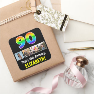 90誕生日: Rainbow "90";写真カスタムと名前 スクエアシール