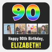 90誕生日: Rainbow "90";写真カスタムと名前 スクエアシール (正面)
