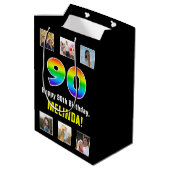 90誕生日: Rainbow "90"，写真カスタムと名前 ミディアムペーパーバッグ (裏面アングル)